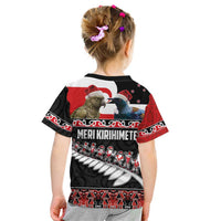 New Zealand Meri Kirihimete Kid T Shirt Christmas Tui Bird and Kea Bird - Haka Santa with Maori Koru Art Pattern LT03 - Polynesian Pride