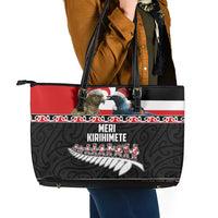 New Zealand Meri Kirihimete Leather Tote Bag Christmas Tui Bird and Kea Bird - Haka Santa with Maori Koru Art Pattern LT03 - Polynesian Pride