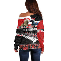 New Zealand Meri Kirihimete Off Shoulder Sweater Christmas Tui Bird and Kea Bird - Haka Santa with Maori Koru Art Pattern LT03 - Polynesian Pride