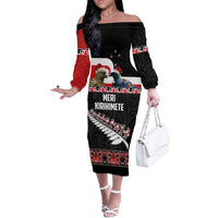 New Zealand Meri Kirihimete Off The Shoulder Long Sleeve Dress Christmas Tui Bird and Kea Bird - Haka Santa with Maori Koru Art Pattern LT03 Women Black - Polynesian Pride