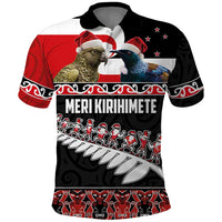 New Zealand Meri Kirihimete Polo Shirt Christmas Tui Bird and Kea Bird - Haka Santa with Maori Koru Art Pattern LT03 Black - Polynesian Pride