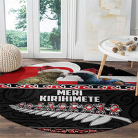 New Zealand Meri Kirihimete Round Carpet Christmas Tui Bird and Kea Bird - Haka Santa with Maori Koru Art Pattern LT03 - Polynesian Pride