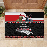 New Zealand Meri Kirihimete Rubber Doormat Christmas Tui Bird and Kea Bird - Haka Santa with Maori Koru Art Pattern LT03 Black - Polynesian Pride