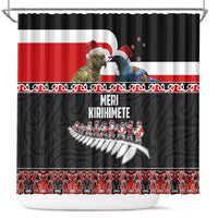 New Zealand Meri Kirihimete Shower Curtain Christmas Tui Bird and Kea Bird - Haka Santa with Maori Koru Art Pattern LT03 Black - Polynesian Pride
