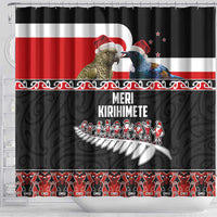 New Zealand Meri Kirihimete Shower Curtain Christmas Tui Bird and Kea Bird - Haka Santa with Maori Koru Art Pattern LT03 - Polynesian Pride