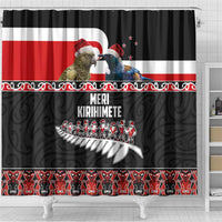 New Zealand Meri Kirihimete Shower Curtain Christmas Tui Bird and Kea Bird - Haka Santa with Maori Koru Art Pattern LT03 - Polynesian Pride