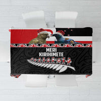New Zealand Meri Kirihimete Tablecloth Christmas Tui Bird and Kea Bird - Haka Santa with Maori Koru Art Pattern LT03 Black - Polynesian Pride
