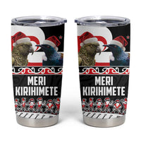 New Zealand Meri Kirihimete Tumbler Cup Christmas Tui Bird and Kea Bird - Haka Santa with Maori Koru Art Pattern LT03 Black - Polynesian Pride