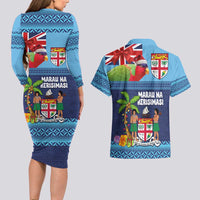 Fiji Marau na Kerisimasi Couples Matching Long Sleeve Bodycon Dress and Hawaiian Shirt Christmas Collared Lory - Fiji Emblems and Xmas Palm Tree Tapa Art Pattern LT03 - Polynesian Pride