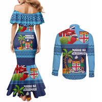 Fiji Marau na Kerisimasi Couples Matching Mermaid Dress and Long Sleeve Button Shirt Christmas Collared Lory - Fiji Emblems and Xmas Palm Tree Tapa Art Pattern LT03 - Polynesian Pride