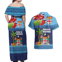Fiji Marau na Kerisimasi Couples Matching Off Shoulder Maxi Dress and Hawaiian Shirt Christmas Collared Lory - Fiji Emblems and Xmas Palm Tree Tapa Art Pattern LT03 - Polynesian Pride