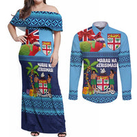 Fiji Marau na Kerisimasi Couples Matching Off Shoulder Maxi Dress and Long Sleeve Button Shirt Christmas Collared Lory - Fiji Emblems and Xmas Palm Tree Tapa Art Pattern LT03 Blue - Polynesian Pride