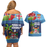Fiji Marau na Kerisimasi Couples Matching Off Shoulder Short Dress and Hawaiian Shirt Christmas Collared Lory - Fiji Emblems and Xmas Palm Tree Tapa Art Pattern LT03 - Polynesian Pride