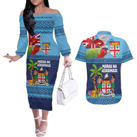 Fiji Marau na Kerisimasi Couples Matching Off The Shoulder Long Sleeve Dress and Hawaiian Shirt Christmas Collared Lory - Fiji Emblems and Xmas Palm Tree Tapa Art Pattern LT03 Blue - Polynesian Pride