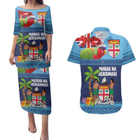 Fiji Marau na Kerisimasi Couples Matching Puletasi and Hawaiian Shirt Christmas Collared Lory - Fiji Emblems and Xmas Palm Tree Tapa Art Pattern LT03 Blue - Polynesian Pride