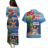 Fiji Marau na Kerisimasi Couples Matching Puletasi and Hawaiian Shirt Christmas Collared Lory - Fiji Emblems and Xmas Palm Tree Tapa Art Pattern LT03 - Polynesian Pride