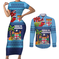 Fiji Marau na Kerisimasi Couples Matching Short Sleeve Bodycon Dress and Long Sleeve Button Shirt Christmas Collared Lory - Fiji Emblems and Xmas Palm Tree Tapa Art Pattern LT03 Blue - Polynesian Pride
