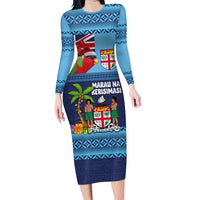 Fiji Marau na Kerisimasi Family Matching Long Sleeve Bodycon Dress and Hawaiian Shirt Christmas Collared Lory - Fiji Emblems and Xmas Palm Tree Tapa Art Pattern LT03 Mom's Dress Blue - Polynesian Pride