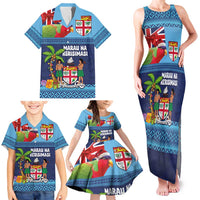 Fiji Marau na Kerisimasi Family Matching Tank Maxi Dress and Hawaiian Shirt Christmas Collared Lory - Fiji Emblems and Xmas Palm Tree Tapa Art Pattern LT03 - Polynesian Pride