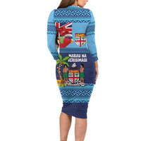 Fiji Marau na Kerisimasi Long Sleeve Bodycon Dress Christmas Collared Lory - Fiji Emblems and Xmas Palm Tree Tapa Art Pattern LT03 - Polynesian Pride
