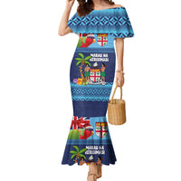 Fiji Marau na Kerisimasi Mermaid Dress Christmas Collared Lory - Fiji Emblems and Xmas Palm Tree Tapa Art Pattern LT03 Women Blue - Polynesian Pride