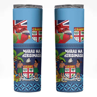 Fiji Marau na Kerisimasi Skinny Tumbler Christmas Collared Lory - Fiji Emblems and Xmas Palm Tree Tapa Art Pattern LT03 Blue - Polynesian Pride