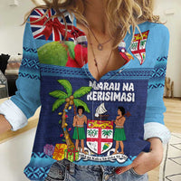 Fiji Marau na Kerisimasi Women Casual Shirt Christmas Collared Lory - Fiji Emblems and Xmas Palm Tree Tapa Art Pattern LT03 Female Blue - Polynesian Pride