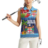 Fiji Marau na Kerisimasi Women Sleeveless Polo Shirt Christmas Collared Lory - Fiji Emblems and Xmas Palm Tree Tapa Art Pattern LT03 - Polynesian Pride
