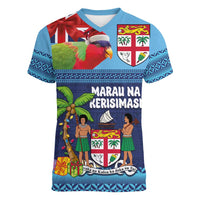 Fiji Marau na Kerisimasi Women V-Neck T-Shirt Christmas Collared Lory - Fiji Emblems and Xmas Palm Tree Tapa Art Pattern LT03 Female Blue - Polynesian Pride