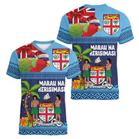 Fiji Marau na Kerisimasi Women V-Neck T-Shirt Christmas Collared Lory - Fiji Emblems and Xmas Palm Tree Tapa Art Pattern LT03 - Polynesian Pride