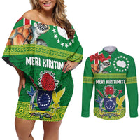 Cook Islands Meri Kiritimiti Couples Matching Off Shoulder Short Dress and Long Sleeve Button Shirt Christmas Turtle - Cooks Islands Emblems and Polynesian Art Pattern LT03 Green - Polynesian Pride