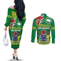 Cook Islands Meri Kiritimiti Couples Matching Off The Shoulder Long Sleeve Dress and Long Sleeve Button Shirt Christmas Turtle - Cooks Islands Emblems and Polynesian Art Pattern LT03 - Polynesian Pride