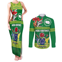 Cook Islands Meri Kiritimiti Couples Matching Tank Maxi Dress and Long Sleeve Button Shirt Christmas Turtle - Cooks Islands Emblems and Polynesian Art Pattern LT03 Green - Polynesian Pride