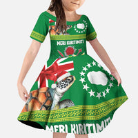 Cook Islands Meri Kiritimiti Family Matching Long Sleeve Bodycon Dress and Hawaiian Shirt Christmas Turtle - Cooks Islands Emblems and Polynesian Art Pattern LT03 Daughter's Dress Green - Polynesian Pride