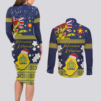 Niue Monuina e Kilisimasi Couples Matching Long Sleeve Bodycon Dress and Long Sleeve Button Shirt Christmas Uga - Niue Map and Emblem with Hiapo Art Pattern LT03 - Polynesian Pride