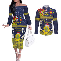 Niue Monuina e Kilisimasi Couples Matching Off The Shoulder Long Sleeve Dress and Long Sleeve Button Shirt Christmas Uga - Niue Map and Emblem with Hiapo Art Pattern LT03 Yellow - Polynesian Pride