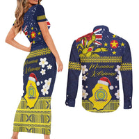 Niue Monuina e Kilisimasi Couples Matching Short Sleeve Bodycon Dress and Long Sleeve Button Shirt Christmas Uga - Niue Map and Emblem with Hiapo Art Pattern LT03 - Polynesian Pride
