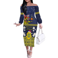 Niue Monuina e Kilisimasi Family Matching Off The Shoulder Long Sleeve Dress and Hawaiian Shirt Christmas Uga - Niue Map and Emblem with Hiapo Art Pattern LT03 Mom's Dress Yellow - Polynesian Pride