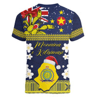 Niue Monuina e Kilisimasi Women V-Neck T-Shirt Christmas Uga - Niue Map and Emblem with Hiapo Art Pattern LT03 - Polynesian Pride