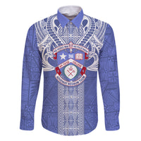 Tonga Apifoou School Family Matching Summer Maxi Dress and Hawaiian Shirt Ngatu and Polynesian Pattern LT03 Dad's Shirt - Long Sleeve Blue - Polynesian Pride