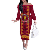 Tonga Beulah College Off The Shoulder Long Sleeve Dress Ngatu and Polynesian Pattern LT03 Women Red - Polynesian Pride