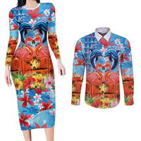 Hawaiian Love-Couple Dolphins and Flamingos Couples Matching Long Sleeve Bodycon Dress and Long Sleeve Button Shirt LT03 Multicolor - Polynesian Pride