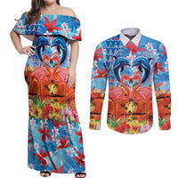 Hawaiian Love-Couple Dolphins and Flamingos Couples Matching Off Shoulder Maxi Dress and Long Sleeve Button Shirt LT03 Multicolor - Polynesian Pride