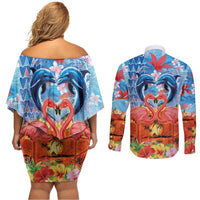Hawaiian Love-Couple Dolphins and Flamingos Couples Matching Off Shoulder Short Dress and Long Sleeve Button Shirt LT03 - Polynesian Pride