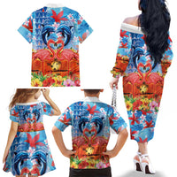 Hawaiian Love-Couple Dolphins and Flamingos Family Matching Off The Shoulder Long Sleeve Dress and Hawaiian Shirt LT03 - Polynesian Pride