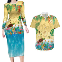 Hawaiian Alohawaii Couples Matching Long Sleeve Bodycon Dress and Hawaiian Shirt Tropical Plants and Animals on The Beach LT03 Multicolor - Polynesian Pride