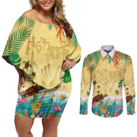 Hawaiian Alohawaii Couples Matching Off Shoulder Short Dress and Long Sleeve Button Shirt Tropical Plants and Animals on The Beach LT03 Multicolor - Polynesian Pride