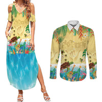 Hawaiian Alohawaii Couples Matching Summer Maxi Dress and Long Sleeve Button Shirt Tropical Plants and Animals on The Beach LT03 Multicolor - Polynesian Pride