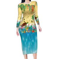 Hawaiian Alohawaii Family Matching Long Sleeve Bodycon Dress and Hawaiian Shirt Tropical Plants and Animals on The Beach LT03 Mom's Dress Multicolor - Polynesian Pride