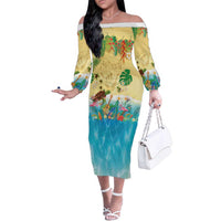 Hawaiian Alohawaii Family Matching Off The Shoulder Long Sleeve Dress and Hawaiian Shirt Tropical Plants and Animals on The Beach LT03 Mom's Dress Multicolor - Polynesian Pride